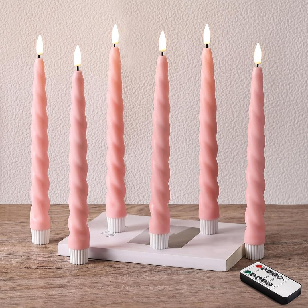 Pink Flameless Taper Candles with Remote, Spiral Candles Battery Operated, Flickering LED Wax Candlesticks Set of 6