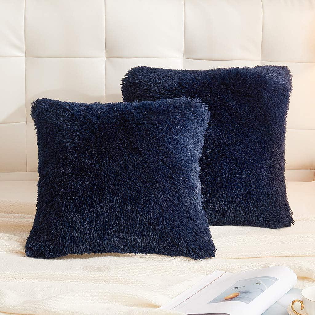 LIFEREVO 2 Pack Fluffy Faux Fur Pillow Shams,18 x 18 Inches Throw Pillow Covers,Luxury Decorative Furry Pillowcases Cushion Cover for Christmas,Zipper Closure,No Pillow Insert, Navy