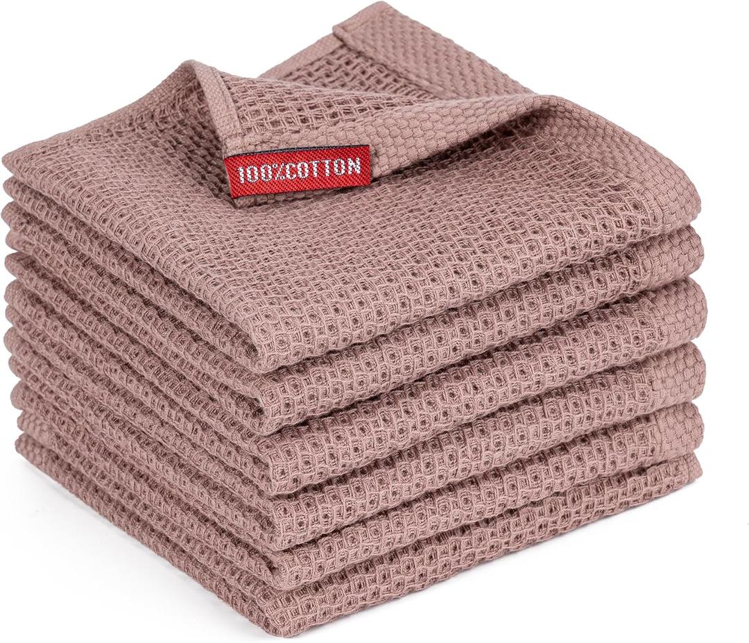 BOOMIBOO 6-Pack Kitchen Dish Cloths, 100% Cotton Waffle Weave, Ultra Soft Absorbent, Quick Drying Dish Towels, 12x12 Inches, Brown