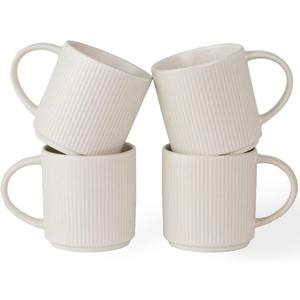famiware Coffee Mug Set for 4, Star 12 oz Catering Mugs Cup Set with Handle for Coffee, Tea, Cocoa, Milk - Ceramic Stoneware Drinkware Set, Matte White