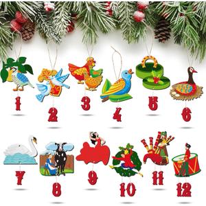 12 Pieces 12 Days of Christmas Ornaments Wooden Set 3.15 Inch Colorful Xmas Twelve Days of Christmas Hanging Ornaments for Xmas Tree (Irregular Style)