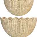 Scalloped Wall Basket，2pcs Hand Woven Hanging Wall Baskets, Wicker Wall Basket Storage，Rattan Hanging Baskets Decor for Home Bathroom Living Room Nursery-16 * 12 * 7&14 * 8 * 6in (Water Hyacinth)