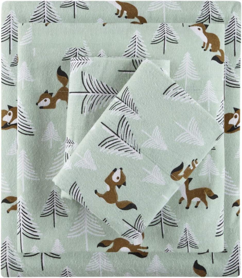 Intelligent Design Cozy Soft 100% Cotton Flannel Print Animals Stars Cute Warm, Ultra Soft Cold Weather Sheet Set Bedding, Queen, Seafoam Foxes 4 Piece