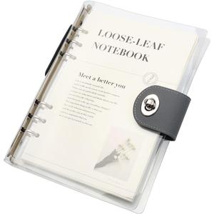 Clear A5 Refillable Notebook Binder with 90 Sheets Lined Paper Silver 6-Ring Soft Transparent PVC Binder Cover Protector Shell Loose Leaf Journal Folders with PU Leather Lock Catch Closure