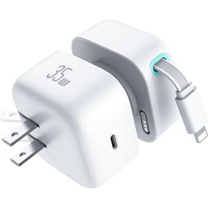 Retractable Charger for iPhone, 35W PD Fast Charger Block with Retractable Cable (31.5 inch) and Type C Ports, Portable Charger Adapter for iPhone 14/13 Pro Max/iPad/AirPods (White)