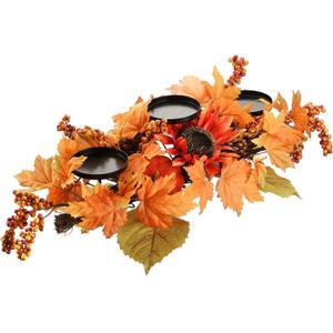 National Tree Company Artificial Fall Centerpiece, Three Candle Holders, Decorated with Sunflower Blooms, Pinecones, Berry Clusters, Maple Leaves, 24 in