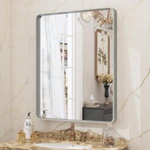 22x30 Inch Silver Bathroom Mirror, Brushed Metal Framed Vanity Mirror for Wall, Rounded Corner Rectangle Mirror, Anti- Rust (Horizontal/Vertical) (30"L x 22"W)