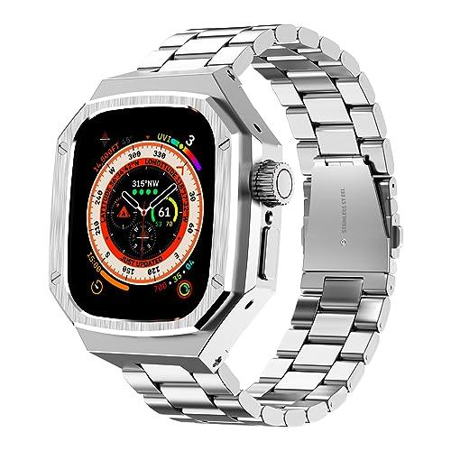 Luxury Aluminum Case with Stainless Steel Band for Apple Watch Ultra 3/2/1 Titanium 49mm, Rugged Metal Military Protective Cover Protector, Tactical Heavy Duty Protection for Men iWatch, Silver