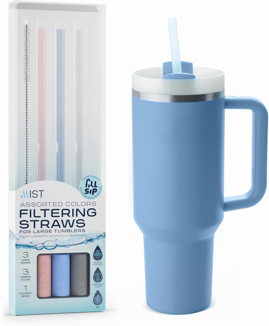 Mist Replacement Filtering Straw Compatible with Stanley Cup and 40 oz 30 oz Tumblers, 3 Pack with Gray, Blue, Pink and Cleaning Brush