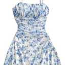 WDIRARA Women's Floral Print Ruched Cami Dress Spaghetti Strap Ruffle Hem Mesh Mini Dress, Small White And Purple