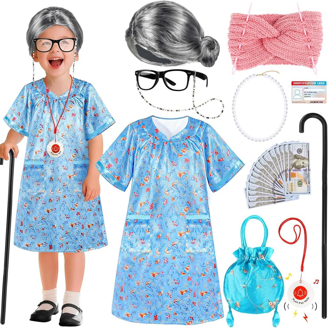 Old Lady Costume for Kids Girls, 100 Days of School Costume for Girls 100th Day of School, Granny Grandma Dress Up Nightgown, Wig, Cane, Glasses, handbag, Play Money Accessories Outfit for Kids
