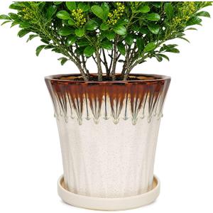 10 Inch Ceramic Planters with Drainage Hole and Saucer,Indoor Outdoor Large Flower Pots, Garden Pot for Plant Lovers (Drip White)