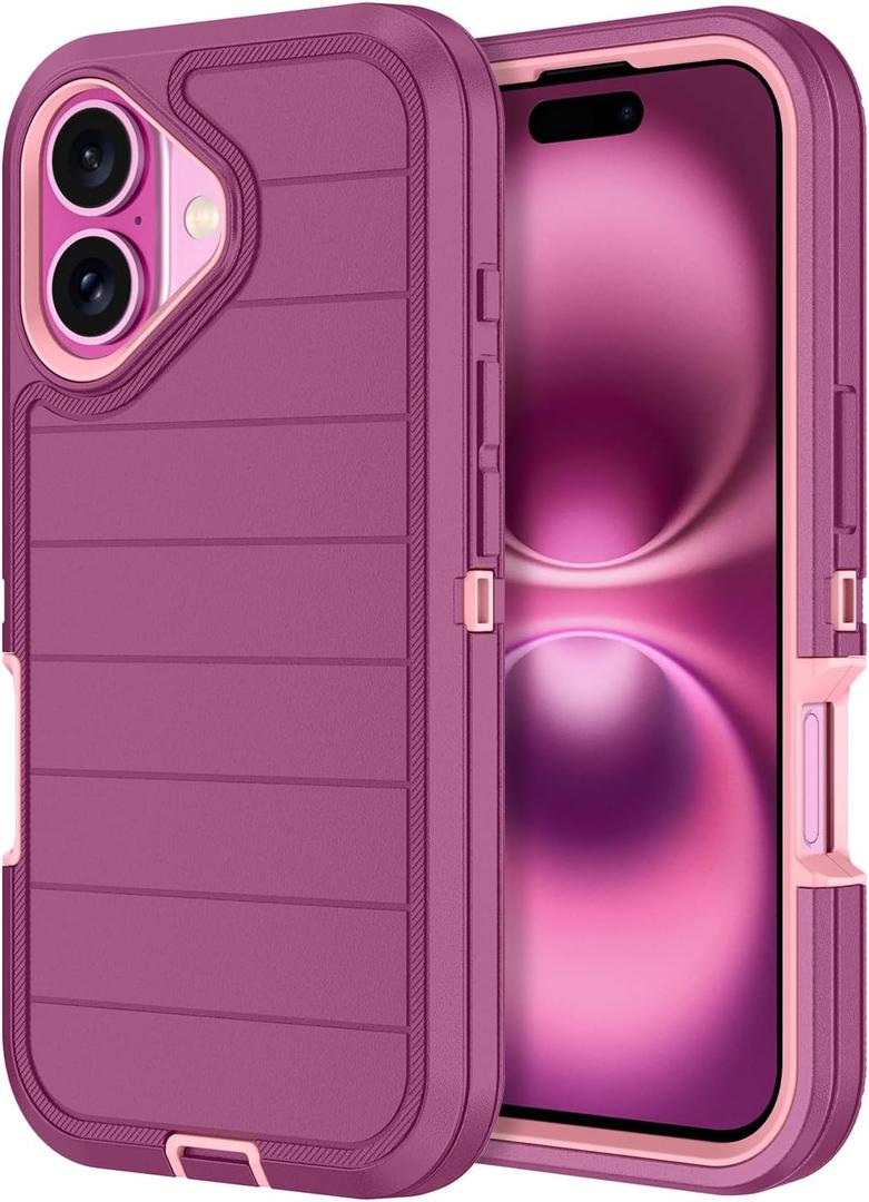 for iPhone 16 Plus Case Heavy Duty Shockproof Dropproof 3-Layer Full Body Protection Military Grade Rugged Tough Non-Slip Cover Case for Apple iPhone 16 Plus 6.7", Purple/Pink