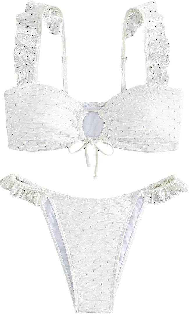 SOLY HUX Women's Ruffle Trim Tie Front Bikini Set Bathing Suits 2 Piece Swimsuit White M