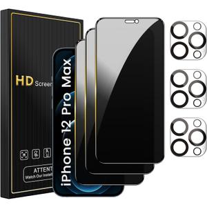 3 Pack Privacy Screen Protector for iPhone 12 Pro Max 6.7 Inch with 3 Pack Camera Lens Protector, Anti Spy Tempered Glass Film, Anti-Scratch, Touch Sensitive, Case Friendly