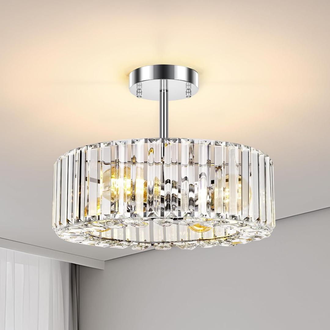 FRIDEKO HOME 4-Light Crystal Ceiling Light Fixture - 14.56 Inch Modern Semi Flush Mount Ceiling Light Crystal Chandelier for Kitchen Bedroom Dinning Room Entryway - Chrome