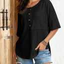 Dokotoo Womens Waffle Knit Tops 2026 Fashion 3/4 Sleeve Casual Button Down Shirts Crew Neck Oversized Patchwork Blouses, Medium