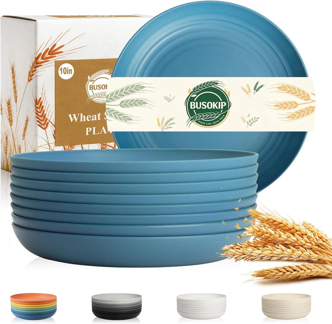 Deep Dinner Plates 10 Inch, Plastic Plates Reusable, Unbreakable Wheat Straw Plates Set of 8, Microwave and Dishwasher Safe Serving Plate for Main Course - Blue