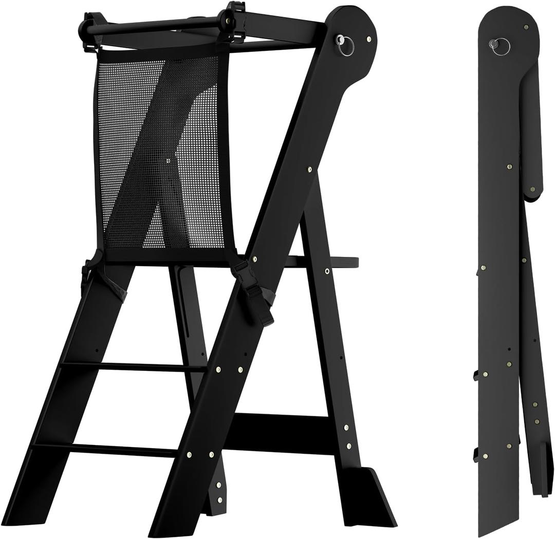 COSYLAND Foldable Toddler Kitchen Stool Helper - Height Adjustable Standing Tower for Bathroom Sink or Kitchen Counter - Step Stool for Toddlers Ages 18 Months to 6 Years Black