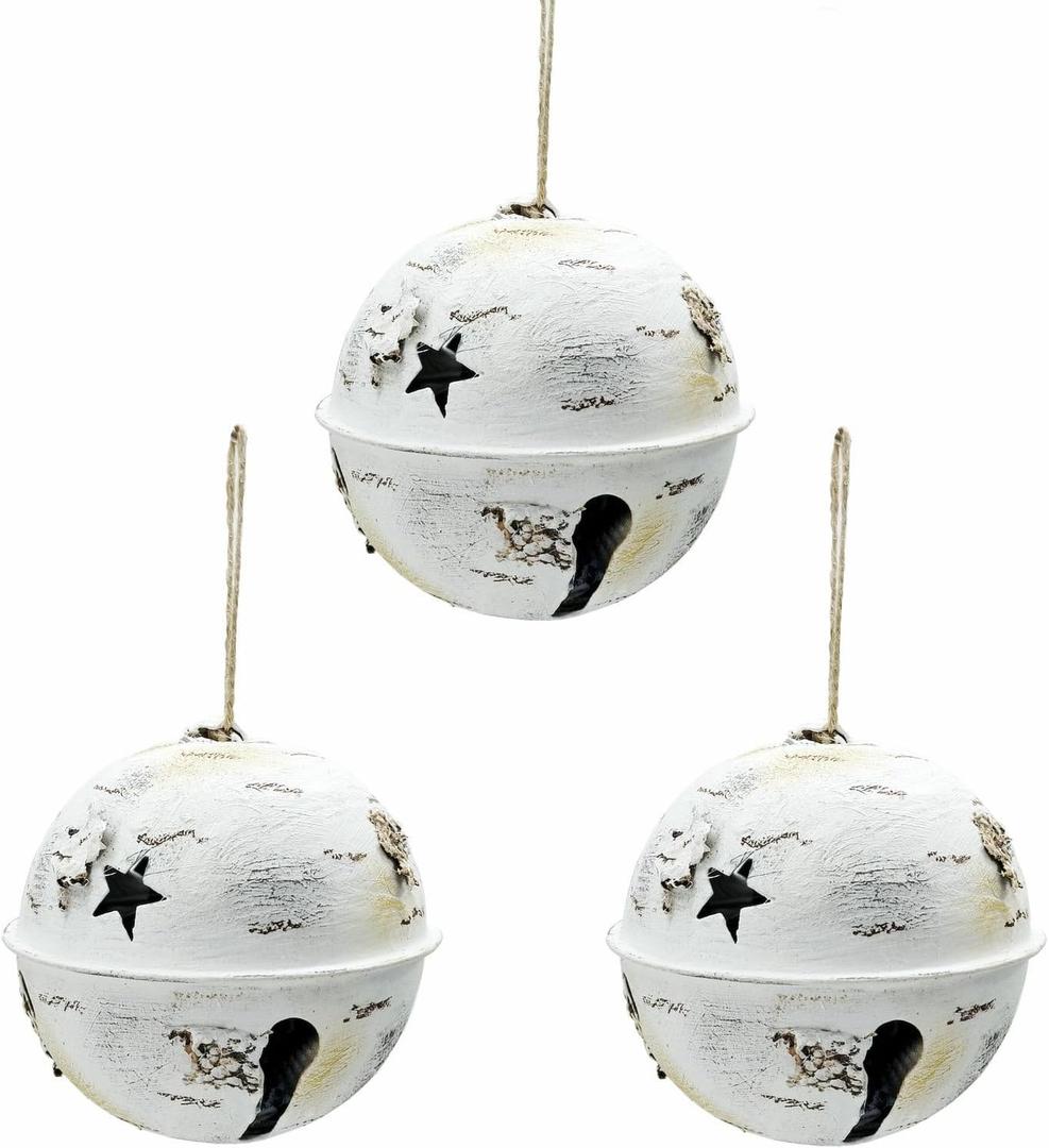 Nature Vibe Metal Christmas Bells Set of 3,Handpainted Large Jingle Bells for Rustic Christmas Ornaments,Sleigh Ringers with Jute as White Holiday Decor or Woodland Ornaments