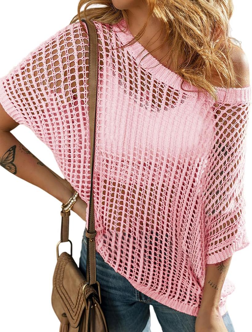 Ecosunny Womens Summer Crochet Tops Scoop Neck Short Sleeve Pullover Sweater Hollow Out Knit Tops Shirts Beach Cover Ups (Pink, L)