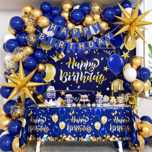 Blue and Gold Birthday Decorations, Blue Gold White Foil Balloons Happy Birthday Banner Blue Tablecloth Backdrop for Happy Birthday Decorations for Men