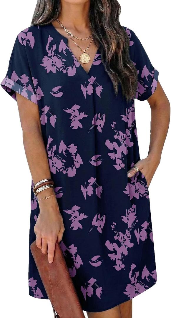 Zeagoo Dresses for Women 2026 Floral Dress for Women Shirt Trendy Dress for Women Casual Summer Dress V Neck T Shirt Dresses with Pockets Women Short Sleeve A Line Dresses Blue Sundress Purple S