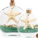 QEQEKAKA 2PCS Glass Bottles with Cork & Green Sand Rocks and Natural Sea Shells Starfish Beach Glass Bottles, for Coastal & Beach Room Decor, Home Tabletop & Summer Decorations, Bridal Shower Gifts