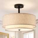 Drum Semi Flush Mount Ceiling Light, 16 inch 3 Lights Ceiling Light Fixture with 2-Layer Fabric Shade, Black Farmhouse Drum Ceiling Lighting for Bedroom Hallyway Dining Room Kitchen