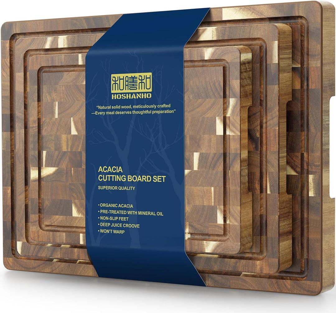 HOSHANHO 3 Packs Acacia Wood Cutting Board Set, Extra Large Cutting Boards for Kitchen Meal Prep, Durable Chopping Board with Built-in Ergonomic Handles & Deep Juice Grooves, Set of 3 (S+M+L