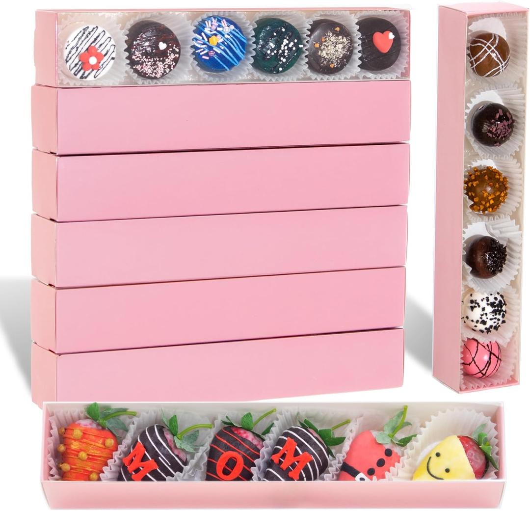 50Pack Strawberry Boxes - 12x2.2x2 Inch with Clear Window for Macaron, Chocolate Truffle, Cookie & Bakery Boxes (Pink)