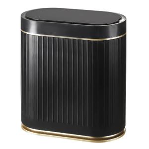 ELPHECO Bathroom Trash Can with Lid 2 Gallon Motion Sensor Garbage Can 7.5 Liter Small Trash can Touchless Bathroom Decor Waterproof Smart Waste Bin with Stripes for Bedroom, Office (Black-Golden)