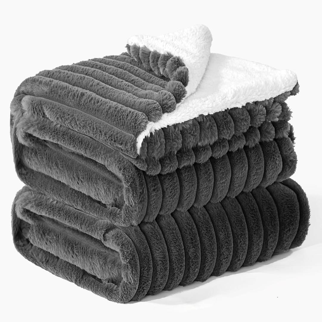 INFIIXSO Sherpa Fleece Queen Size Blanket - Super Soft & Warm Striped Fleece, Cozy Plush Fluffy Large Bed Blanket All Season Use (Grey, 90x90 Inches