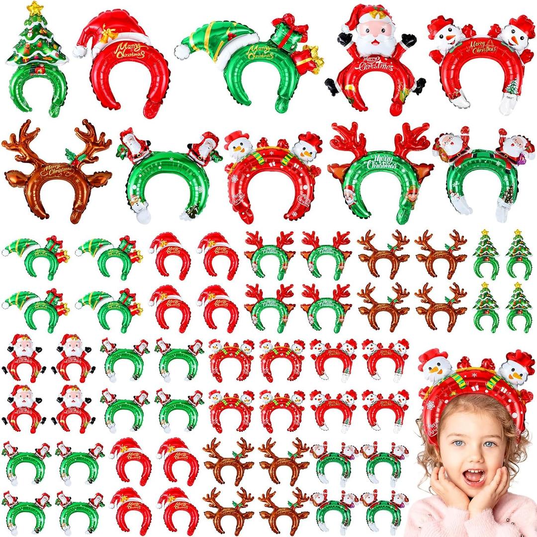 Libima 100 Pcs Christmas Inflatable Headbands Santa Snowman Balloon Hair Hoop Gift Box Reindeer Tree Balloon Kit with Pump for Christmas Birthday Carnival Party Decorations