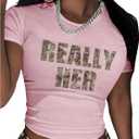 Verdusa Women's Y2K Baby Tees for Women Graphic Crop Tops 90s T-Shirt Vintage Outfit Pink Medium (Pink, M)