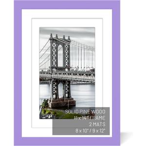 11x14 Solid Wood Picture Frames with 2 Mats for Wall Mounting or Table Top (Purple)