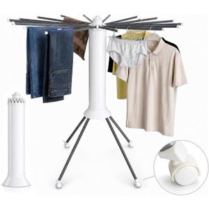 Clothes Drying Rack Foldable with Rolling Wheels, Portable Laundry Drying Rack with 16 Aluminum Arms, Stable 4-Leg Base, 360° Rotating Design for Indoor Outdoor (Single-tier without shoe rack)