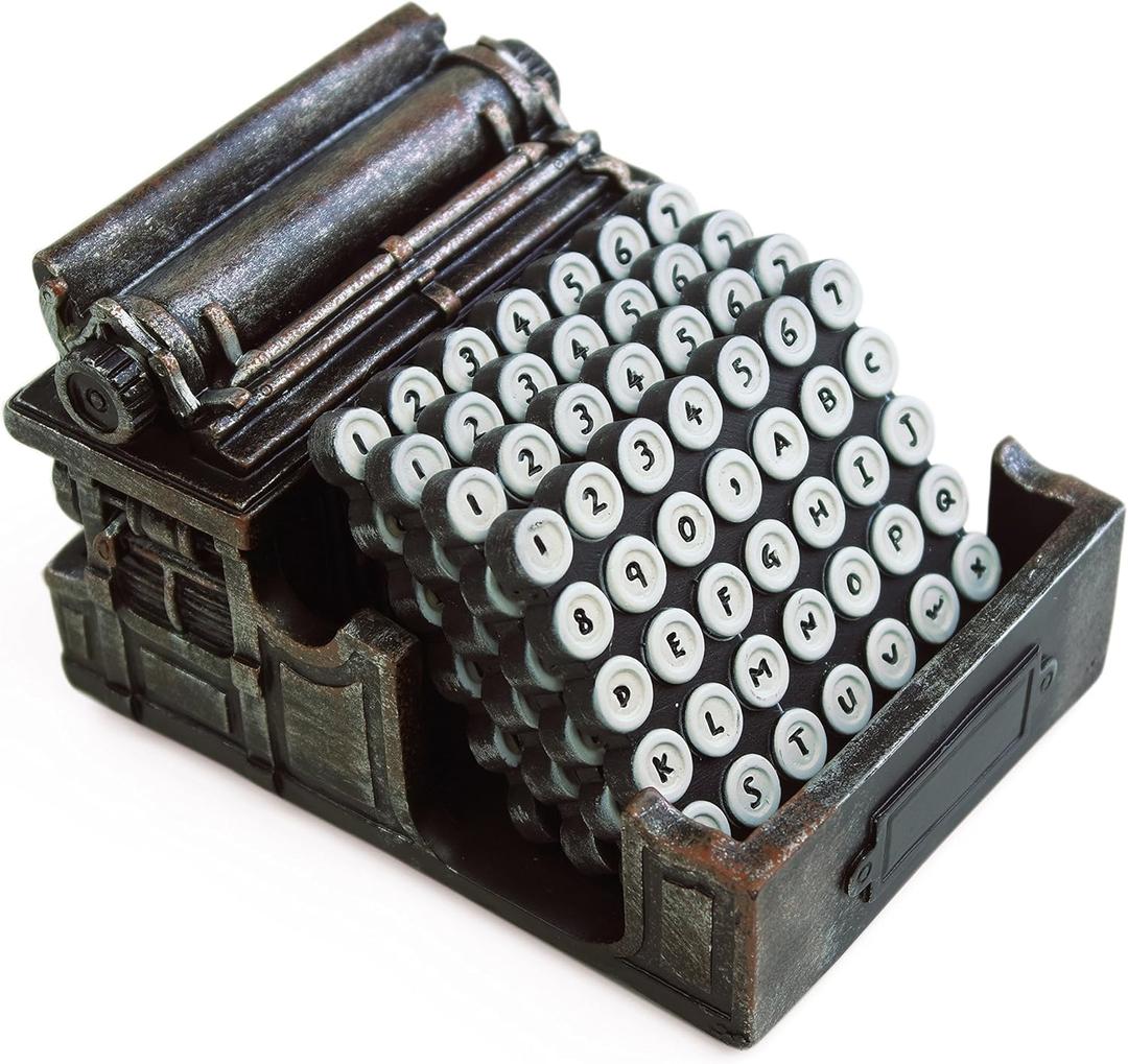 5-Pc. Retro Typewriter Coaster Set - Vintage Style with 4 Coasters & Sturdy Typewriter Holder, Protects Surfaces from Rings, Distressed Metallic Finish