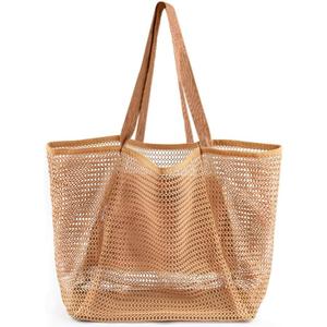 Beach Bags for Women, Summer Travel Mesh Tote Bag with Large Inner Pocket, Sandproof Woven Shoulder Handbag (Tan)