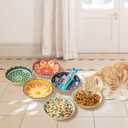 Ceramic Cat Bowls Set of 6 - Colorful Cute Shallow Cat Dishes - Great for Multi-Pet Homes - 5.6 Inch, Whisker Friendly and Wide - Microwave & Dishwasher Safe - 5.3 oz (185 ml)