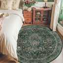 6ft Round Area Rugs for Living Room, Washable Floral Circle Rug Non Slip Low Pile, Vintage Boho Botanical Birds Throw Carpet for Farmhouse, Bedroom, Dining Room, Retro Green/Blue (Dark Green (Larger Pattern))