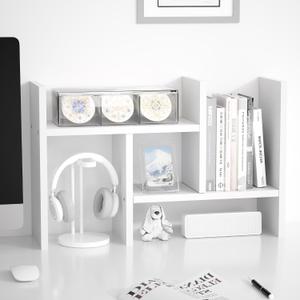Jerry & Maggie Desktop Organizer Office Storage Rack Adjustable Wood Display Shelf Free Style Double H, Multi-Functional Mini Bookshelf for Desk Natural Stand (White), 14" x 6" x 11.8~23.6" inches