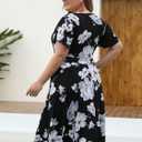 Kissmay Plus Size Womens V Neck Floral Cocktail Party Midi Dresses with Pocket, Size 16W (Black)