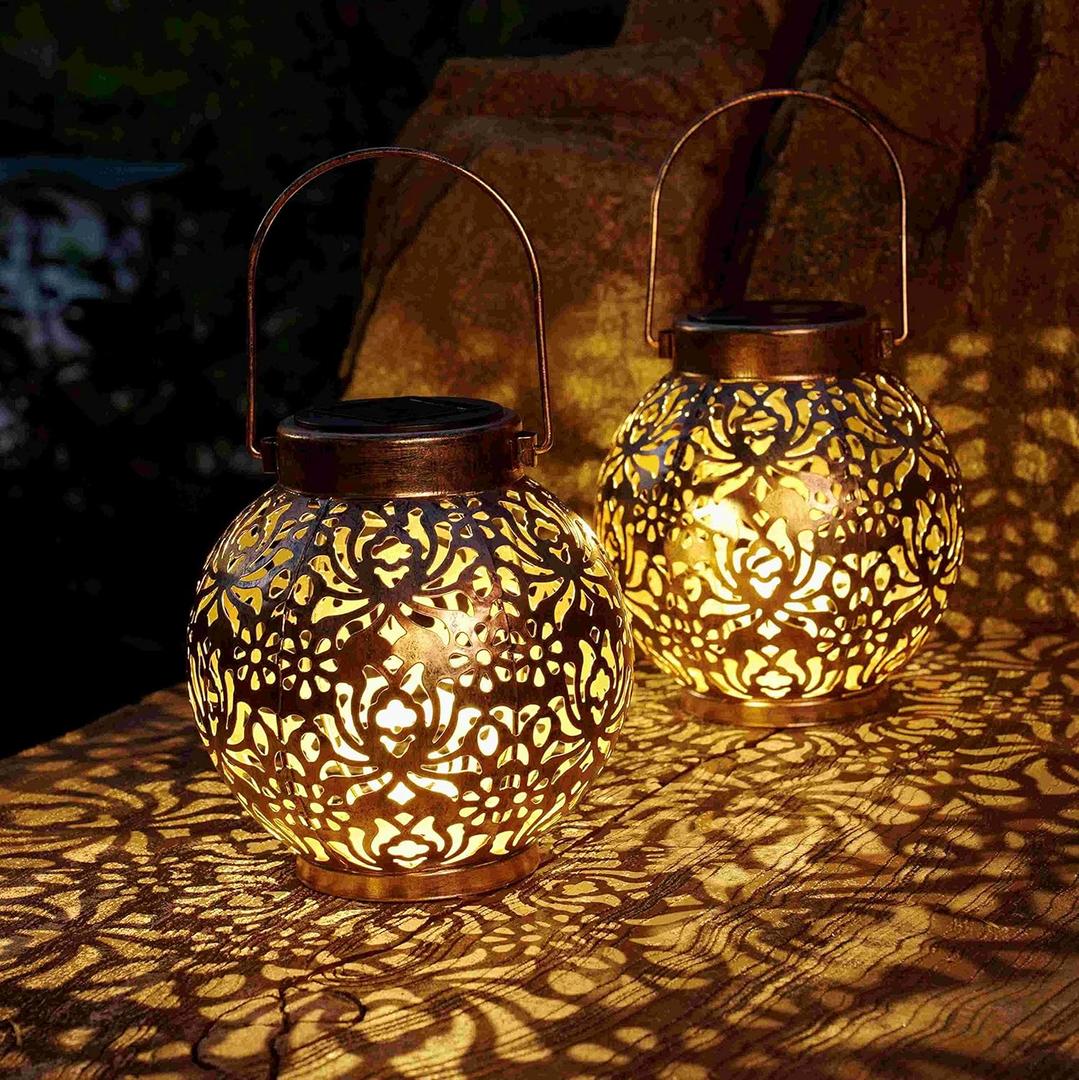 Set of 2 Solar Lanterns Outdoor Hanging Decorative Lights for Garden Patio Porch Decorations. (Bronze)
