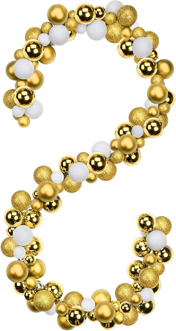 6 FEET Christmas Ball Gold Garland Ornaments Shatterproof Xmas Hanging Balls Decorations for Home Indoor Outdoor Mantel Holiday Party Wedding Tree - White & Gold