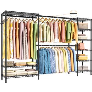 Expandable Heavy Duty Garment Rack Clothes Rack, Large Metal Closet Organizer System Storage Wardrobe, Freestanding Clothing Rack with 9 Adjustable Wire Shelves Hang Rods, Max Load 1500lbs