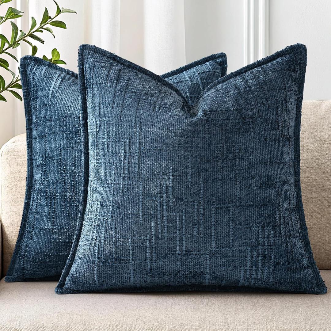 decorUhome Chenille Throw Pillow Covers 18x18 Set of 2, Thick Textured Slubby Neutral Decorative Pillow Covers with Elegant Design for Couch, Sofa, Living Room, Navy Blue