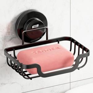 TAILI Soap Holder Bar Dish Suction Cup, Bar Shampoo Rack for Shower Wall, Draining Soap Saver Tray for Bathroom, Rustproof Stainless Steel Sponge Holder for Tub, Kitchen, Drill-Free, Black (1 Tier)
