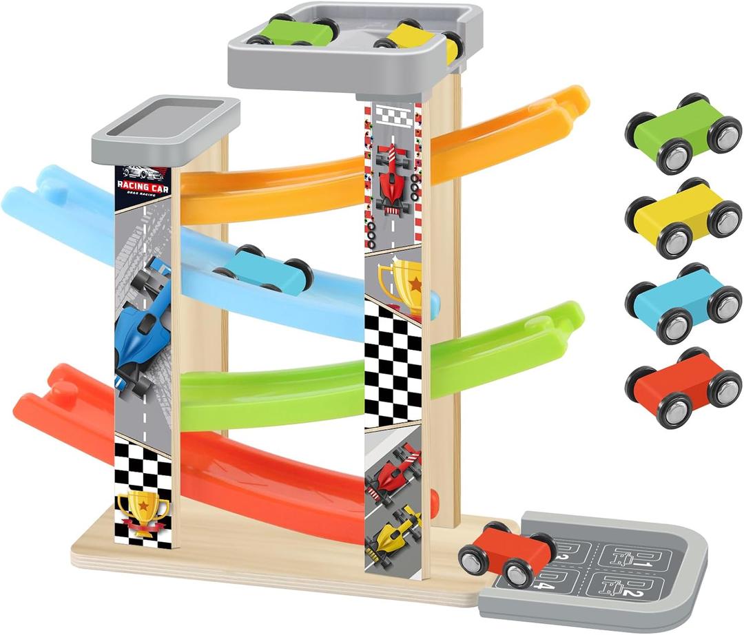 Wooden Race Track Car Ramp Toy, Montessori Car Ramp Set with 4 Mini Cars, 4 Ramps, Parking Lots  Educational Gift for Boys & Girls 3+Years Toys