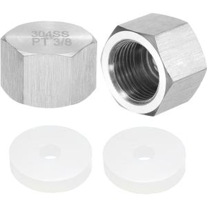 uxcell 2pcs Hex End Cap 304 Stainless Steel Nut with Washer, PT 3/8" Female Thread Pipe Fitting, Gas Line Water Line Stop Valve Cap Tubing Ends for Plumbing Fittings, Silver Tone
